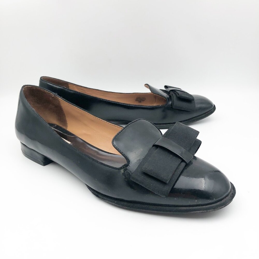 BADGLEY MISCHKA Shoes Womens 10 Black Patent Leather Block Heel Tuxedo Flats